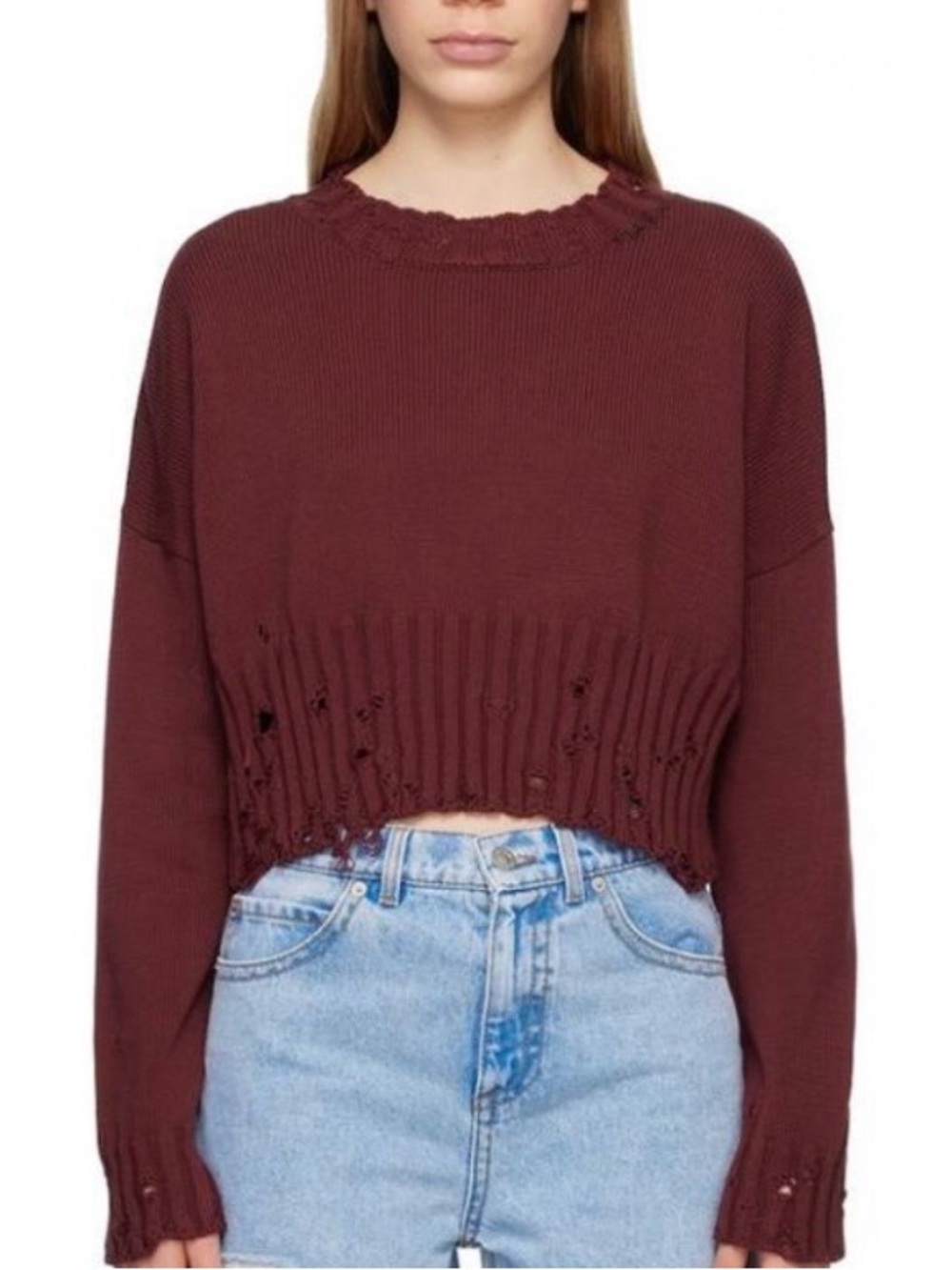 Forever 21 Cropped Distressed Crewneck Sweater - Wine